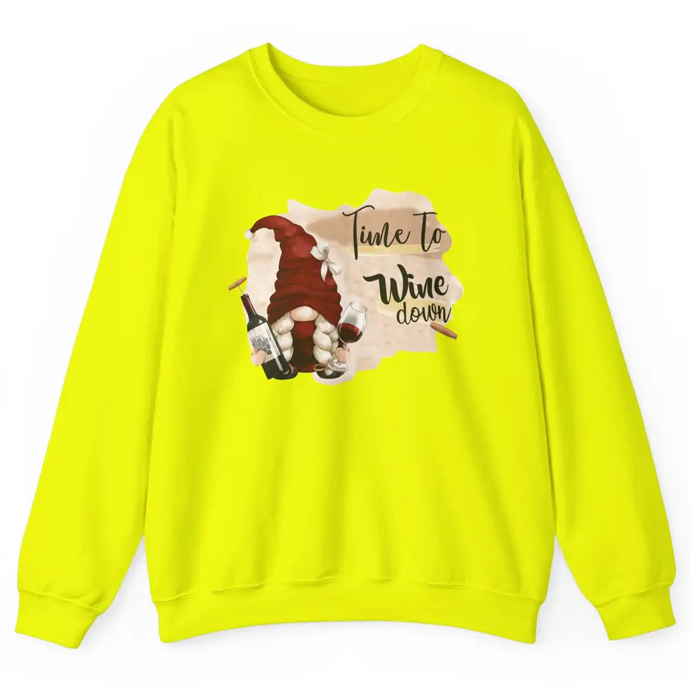 Christmas Gnome Wine It's Time to Wine Down Winter Holiday Unisex Crewneck Sweatshirt