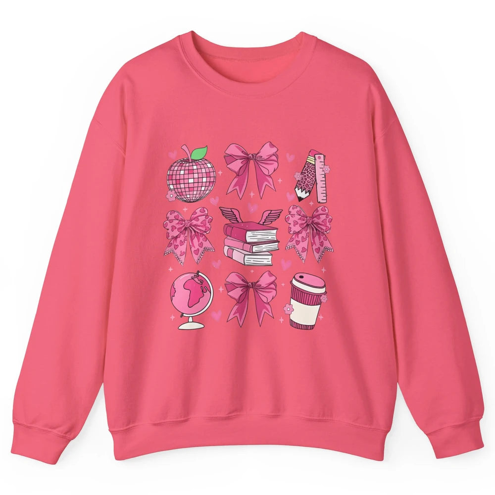 Cute Set Of Bows Coquette Coffee Apple Pink Valentine's Day Love Leopard Heart Back To School Latte Book Teacher Students Unisex Crewneck Sweatshirt