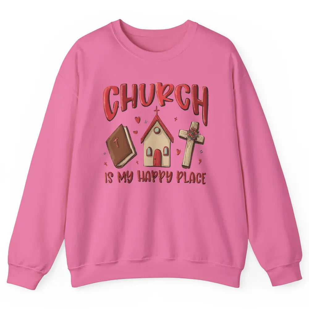 Retro Christmas Church Is My Happy Place Christian Hand Draw Unisex Crewneck Sweatshirt