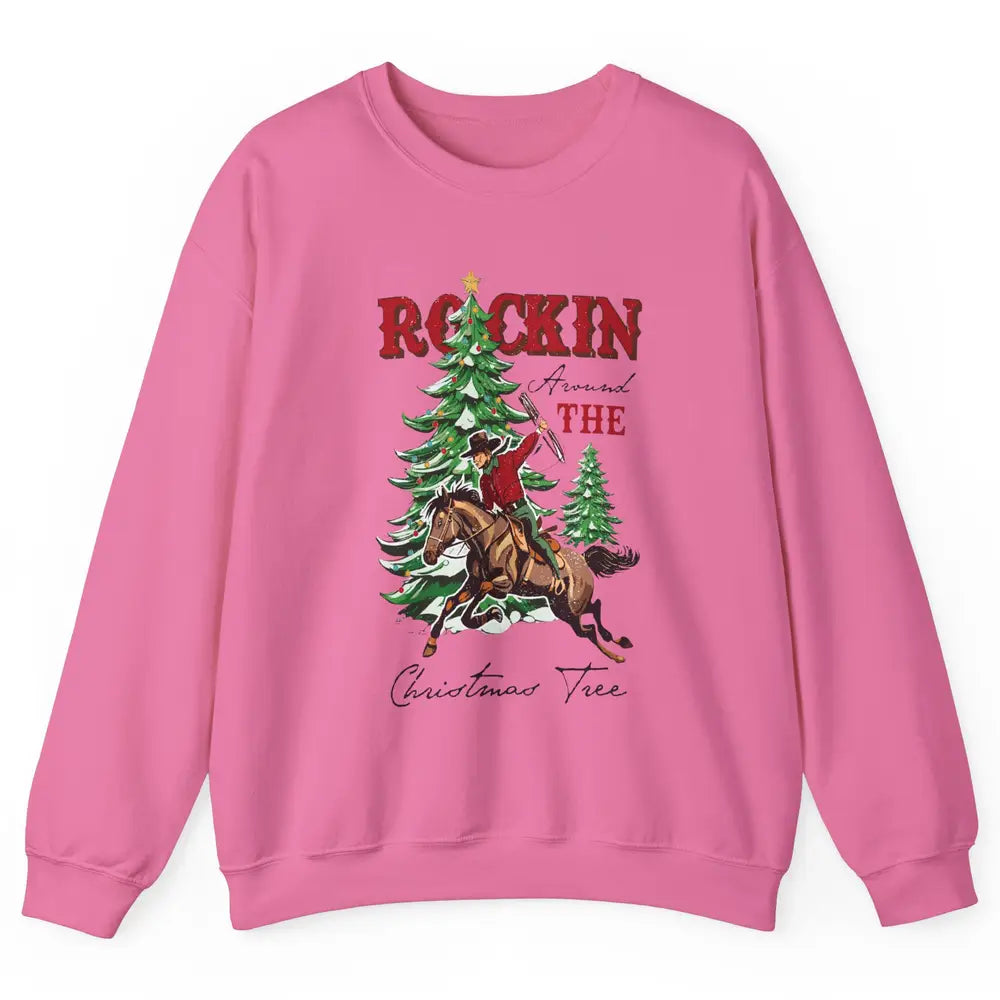 Retro Horsing Cowboy Rocking Around Christmas Tree Western Unisex Crewneck Sweatshirt