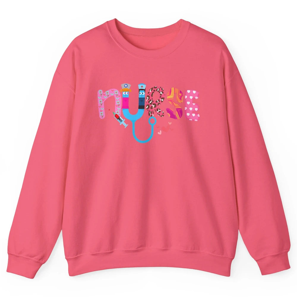 Nurse Happy Valentine's Day Love ER ICU NICU Emergency Nursing Leopard Stethoscope Love Needles Unisex Crewneck Sweatshirt