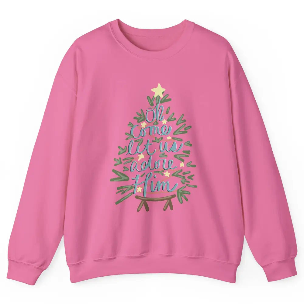 Retro Christmas Tree Oh Come Let Us Adore Him Groovy Xmas Unisex Crewneck Sweatshirt