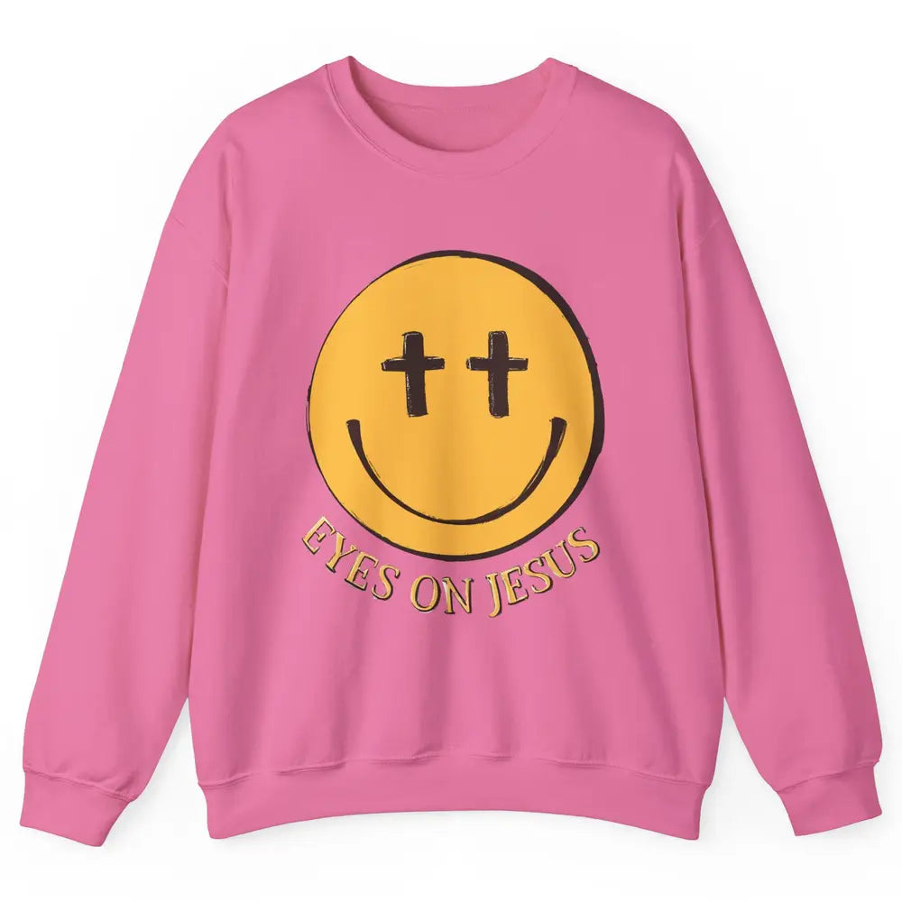 Retro Smiling Face Eyes On Jesus Christian Faith Religious Unisex Crewneck Sweatshirt