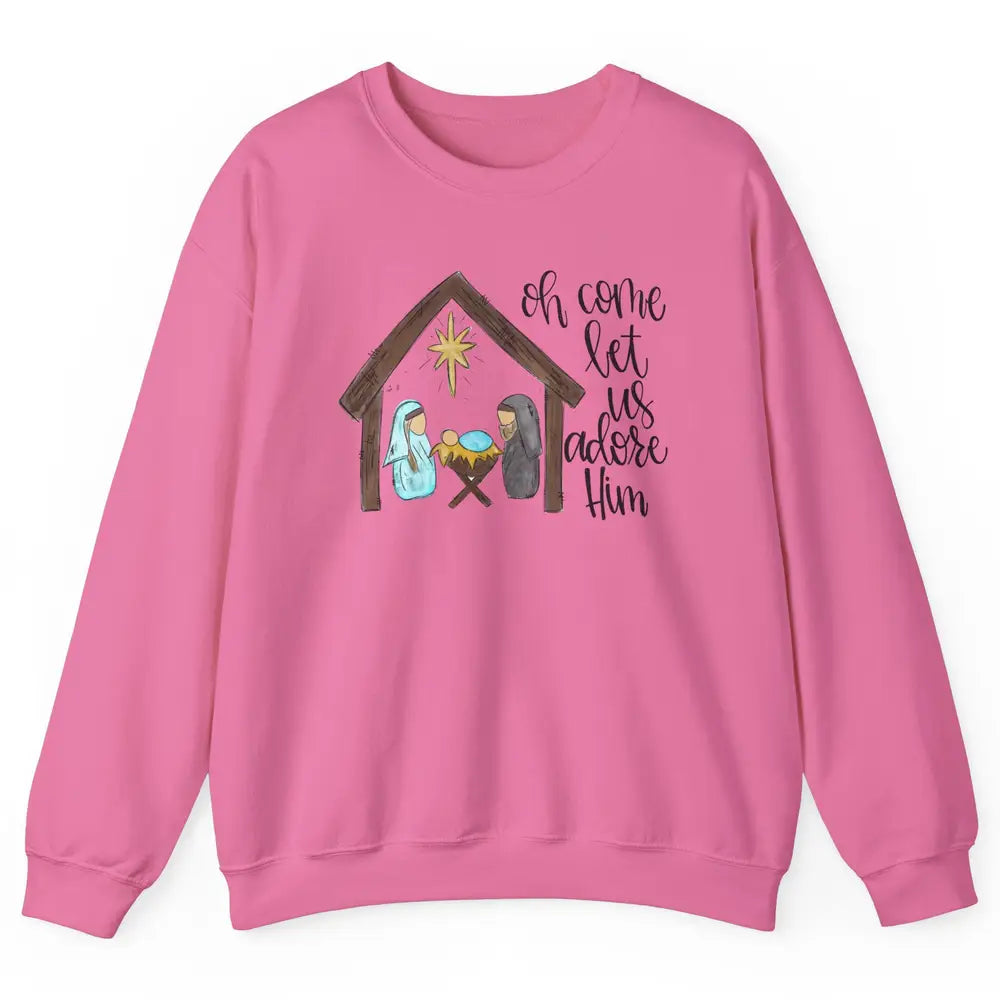 Retro Christmas Church Oh Come Let Us Adore Him Hand Drawing Unisex Crewneck Sweatshirt