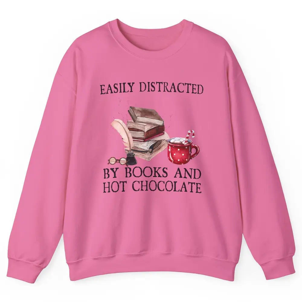 Retro Easily Distracted By Books And Hot Chocolate Christmas Unisex Crewneck Sweatshirt