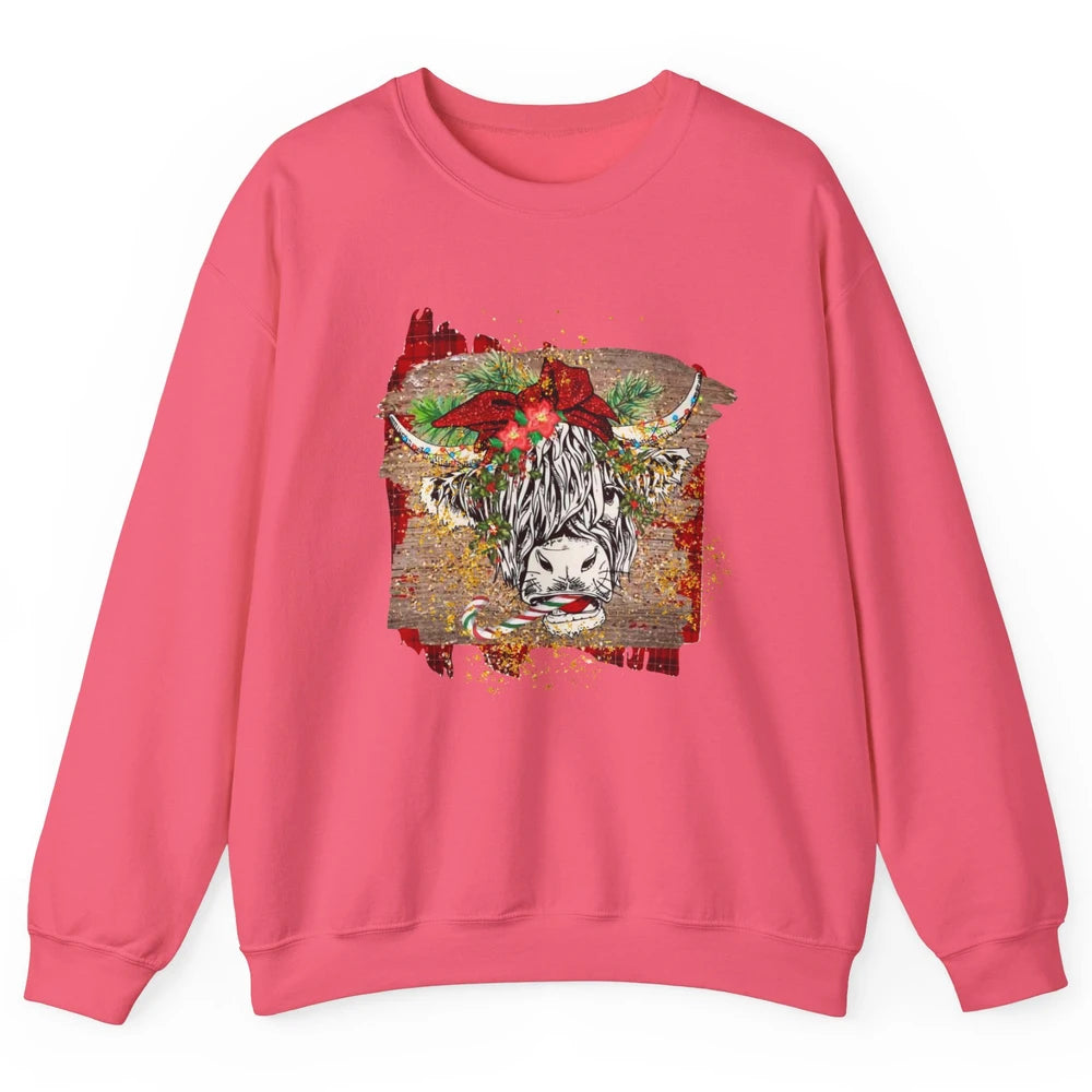 Christmas Highland Cow Bandana Western Christmas Cow Plaid Unisex Crewneck Sweatshirt