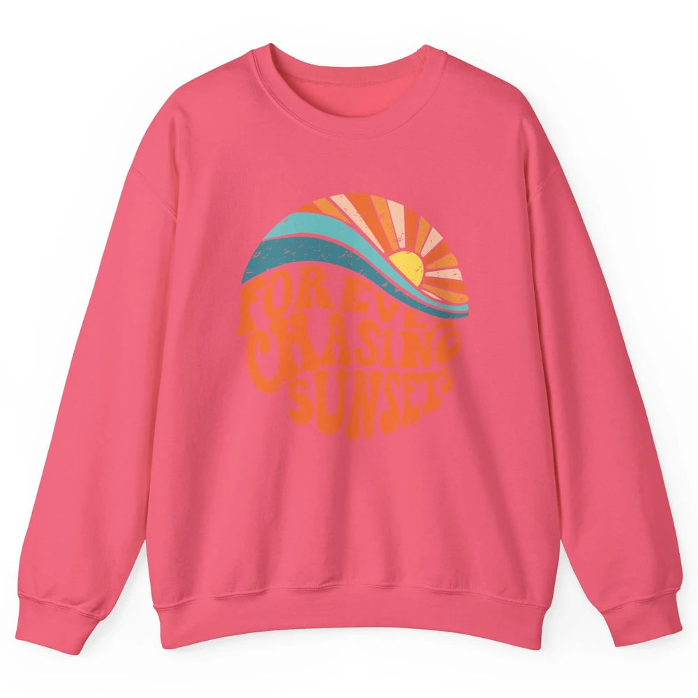 Retro Rainbow Forever Chasing Sunset Hippie Girl Peace Lover Unisex Crewneck Sweatshirt