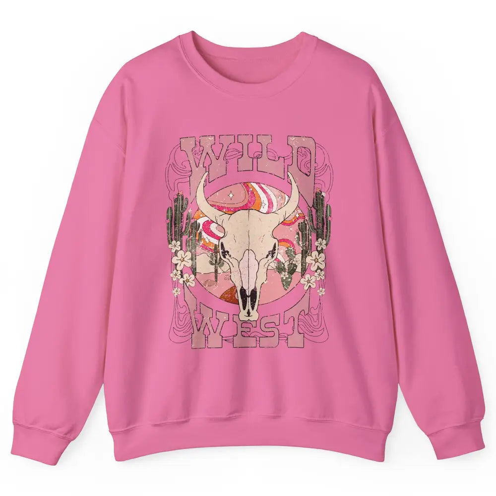 Retro Rainbow Desert Bull Skull Wild West Western Country Unisex Crewneck Sweatshirt