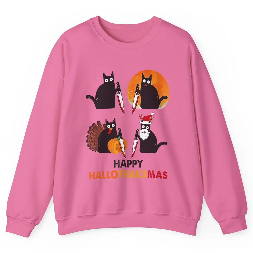 Funny Murderous Cat Turkey Hallo-thank-mas Thanksgiving Xmas Unisex Crewneck Sweatshirt