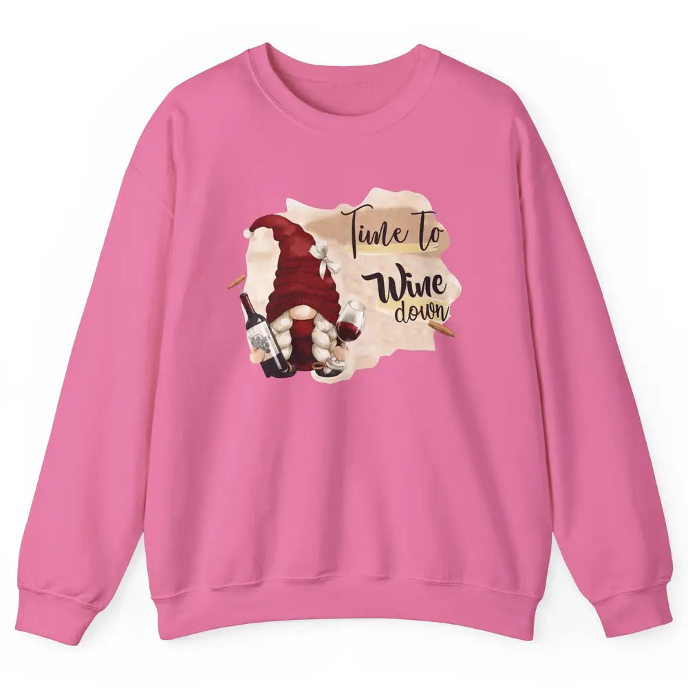 Christmas Gnome Wine It's Time to Wine Down Winter Holiday Unisex Crewneck Sweatshirt