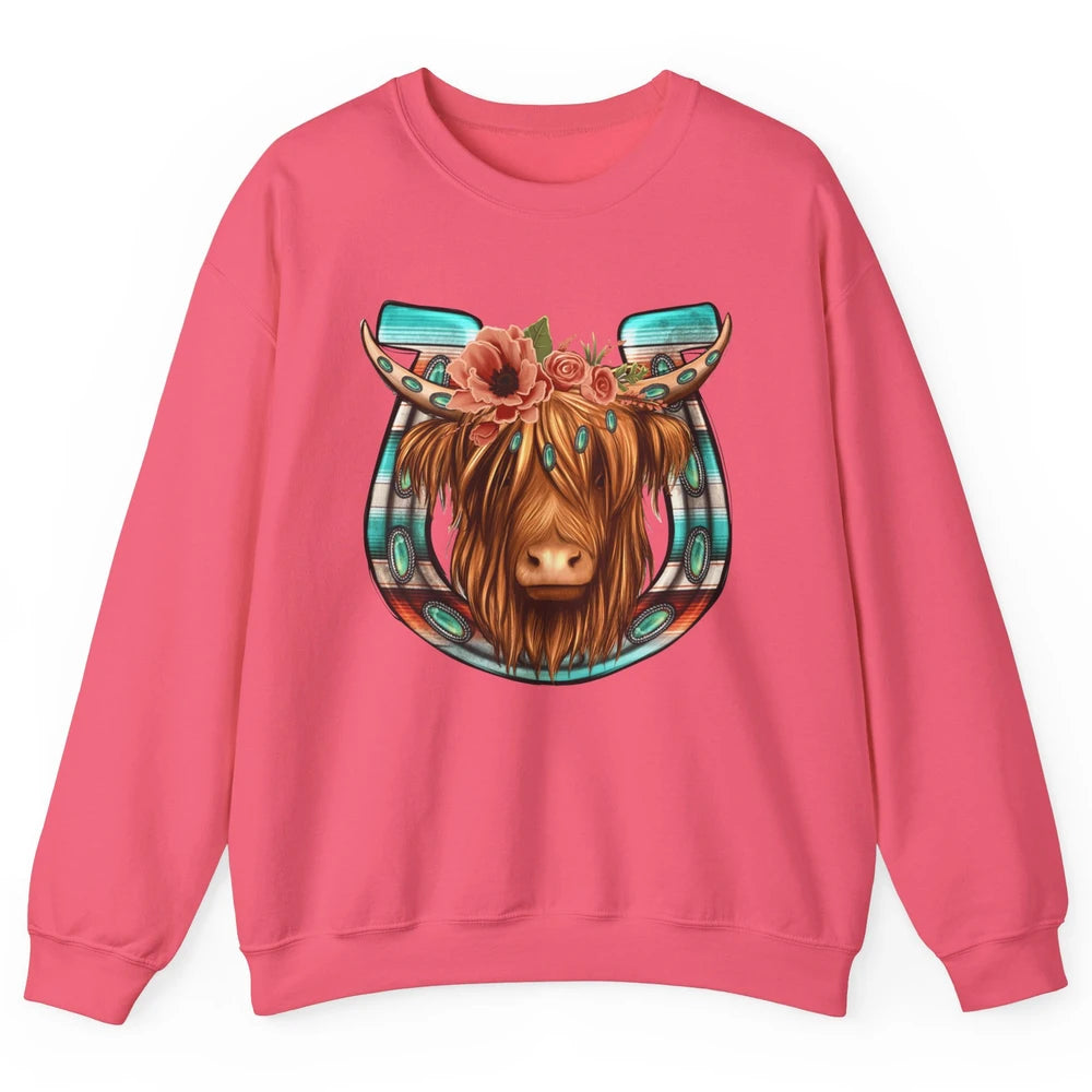 Floral Highland Cow Heifer Horseshoe Western Country Cowboy Unisex Crewneck Sweatshirt