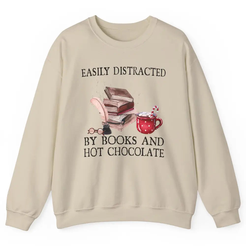 Retro Easily Distracted By Books And Hot Chocolate Christmas Unisex Crewneck Sweatshirt