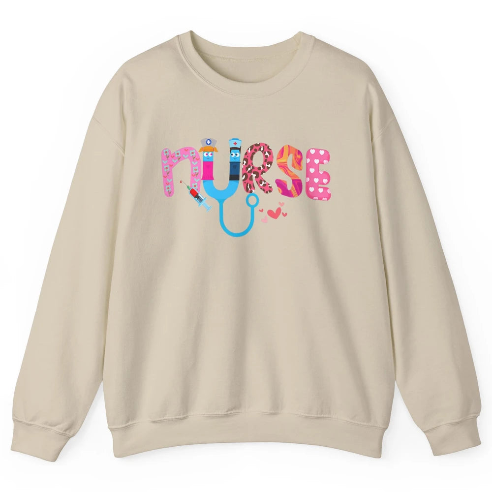 Nurse Happy Valentine's Day Love ER ICU NICU Emergency Nursing Leopard Stethoscope Love Needles Unisex Crewneck Sweatshirt