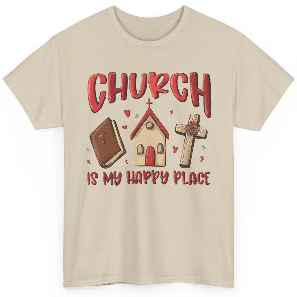 Retro Christmas Church Is My Happy Place Christian Hand Draw Classic Unisex T-Shirt
