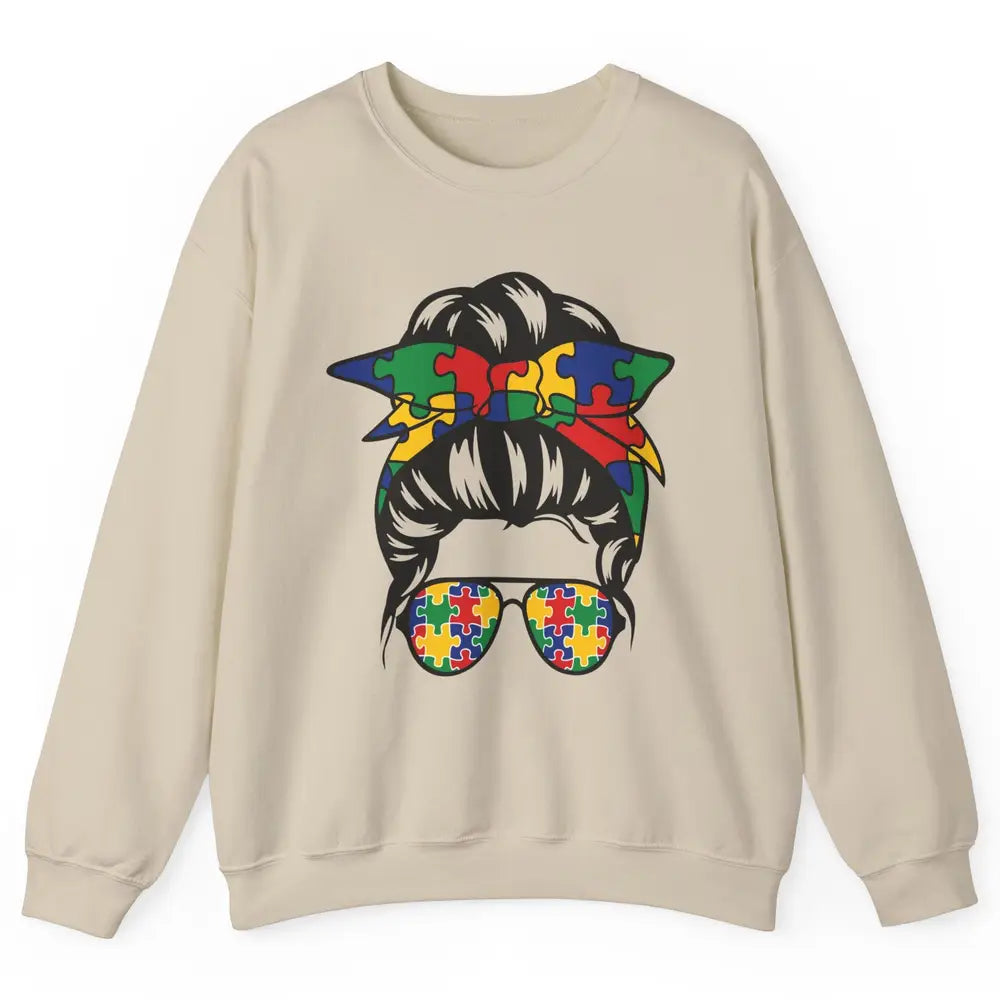 Autism Mom With Bandana Puzzle Autism Ribbon Support Autism Unisex Crewneck Sweatshirt