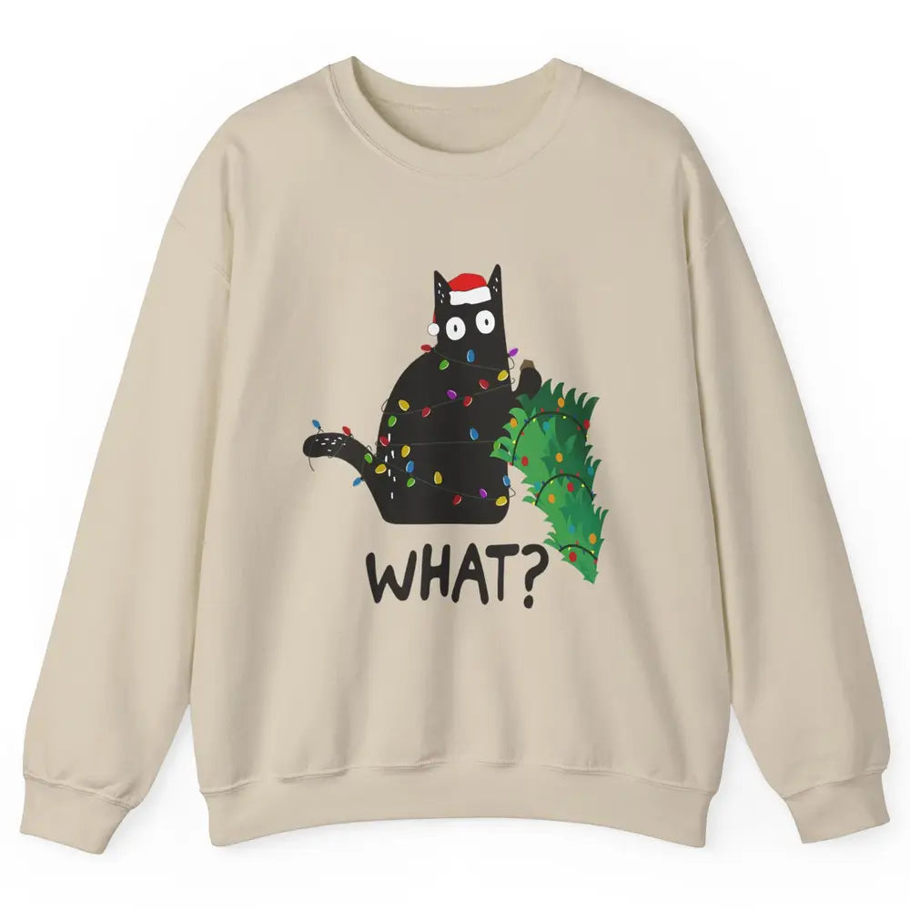 Black Cat Pushing Christmas Tree What Xmas Lights Santa Hat Unisex Crewneck Sweatshirt