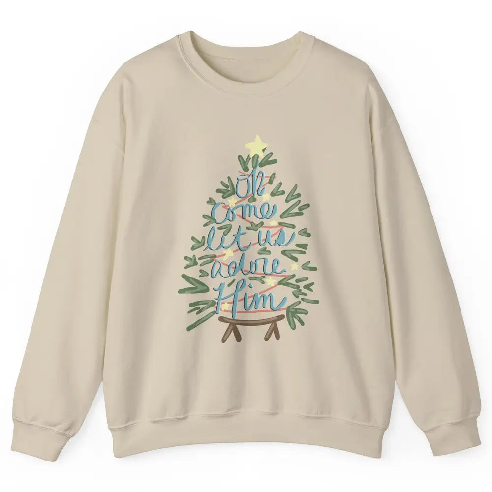 Retro Christmas Tree Oh Come Let Us Adore Him Groovy Xmas Unisex Crewneck Sweatshirt