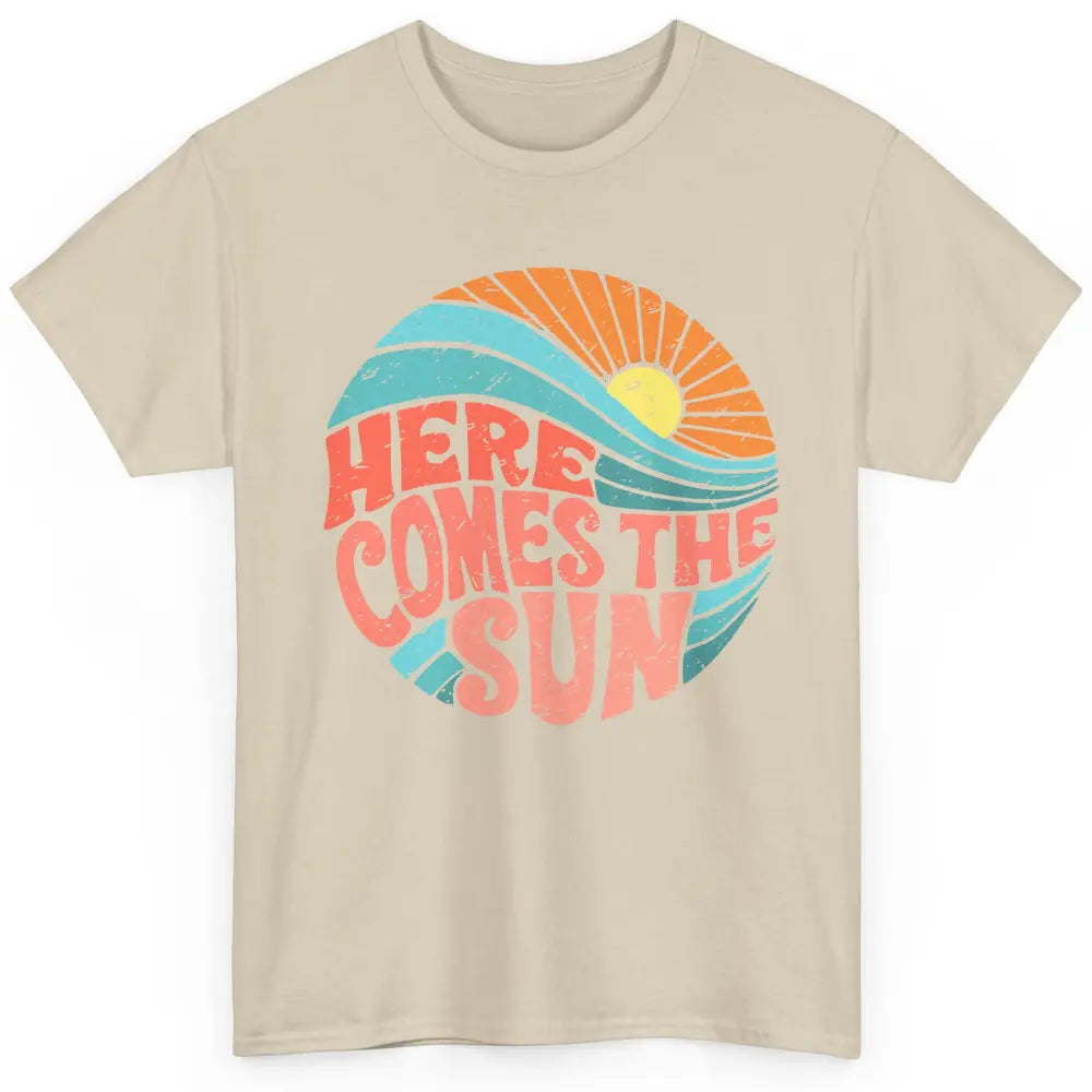 Retro Rainbow Sunrise Here Comes The Sun Hippie Girl Classic Unisex T-Shirt