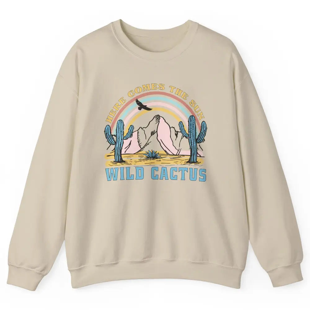 Retro Rainbow Here Come The Sun Wild cactus Desert Western Unisex Crewneck Sweatshirt