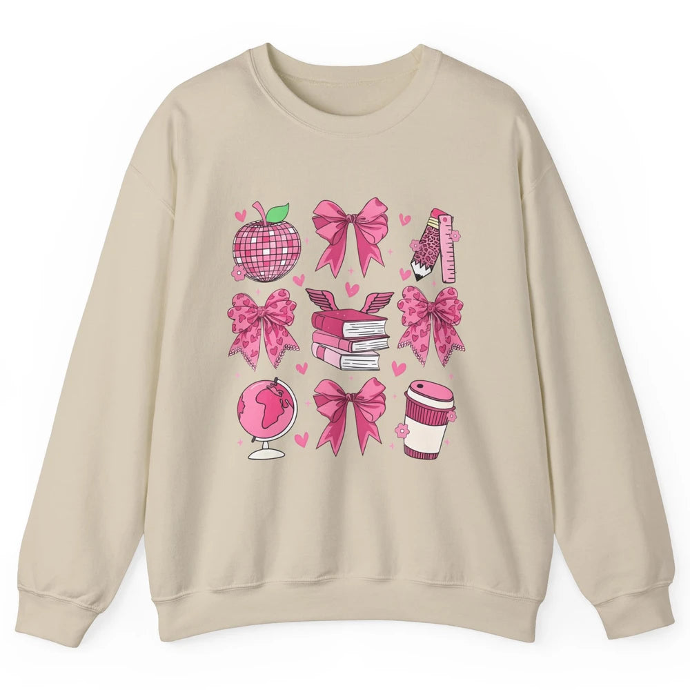Cute Set Of Bows Coquette Coffee Apple Pink Valentine's Day Love Leopard Heart Back To School Latte Book Teacher Students Unisex Crewneck Sweatshirt