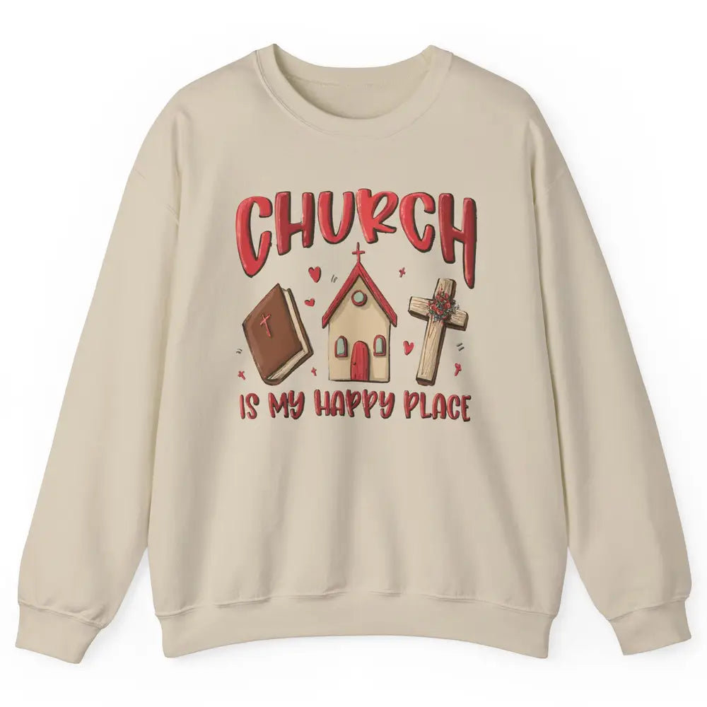 Retro Christmas Church Is My Happy Place Christian Hand Draw Unisex Crewneck Sweatshirt