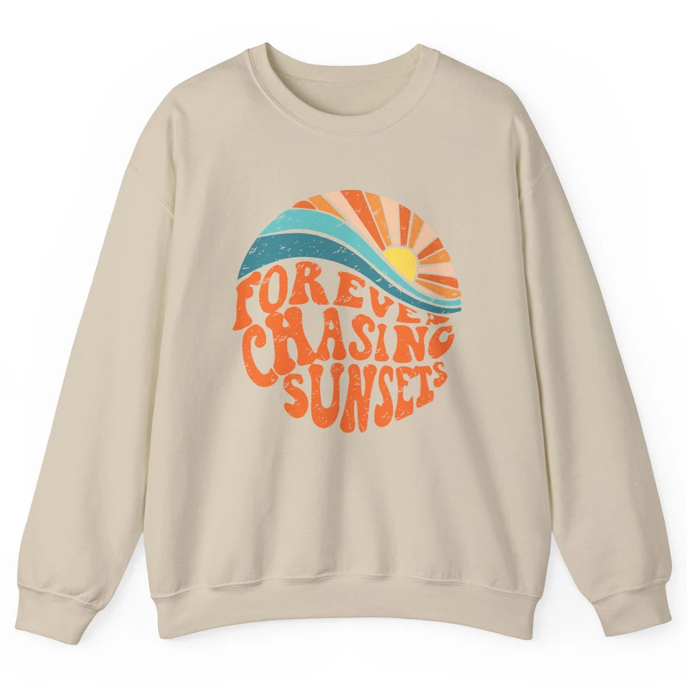Retro Rainbow Forever Chasing Sunset Hippie Girl Peace Lover Unisex Crewneck Sweatshirt
