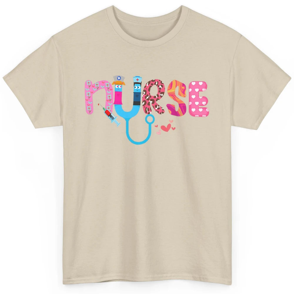Nurse Happy Valentine's Day Love ER ICU NICU Emergency Nursing Leopard Stethoscope Love Needles Classic Unisex T-Shirt