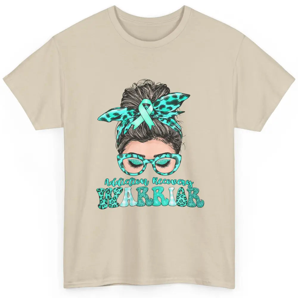Addiction Recovery Awareness Warrior Leopard Messy Hair Bun Classic Unisex T-Shirt