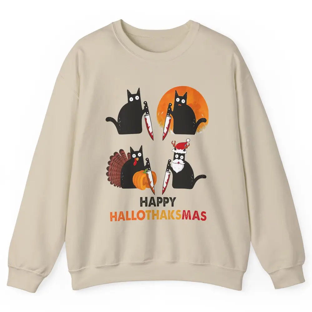 Funny Murderous Cat Turkey Hallo-thank-mas Thanksgiving Xmas Unisex Crewneck Sweatshirt