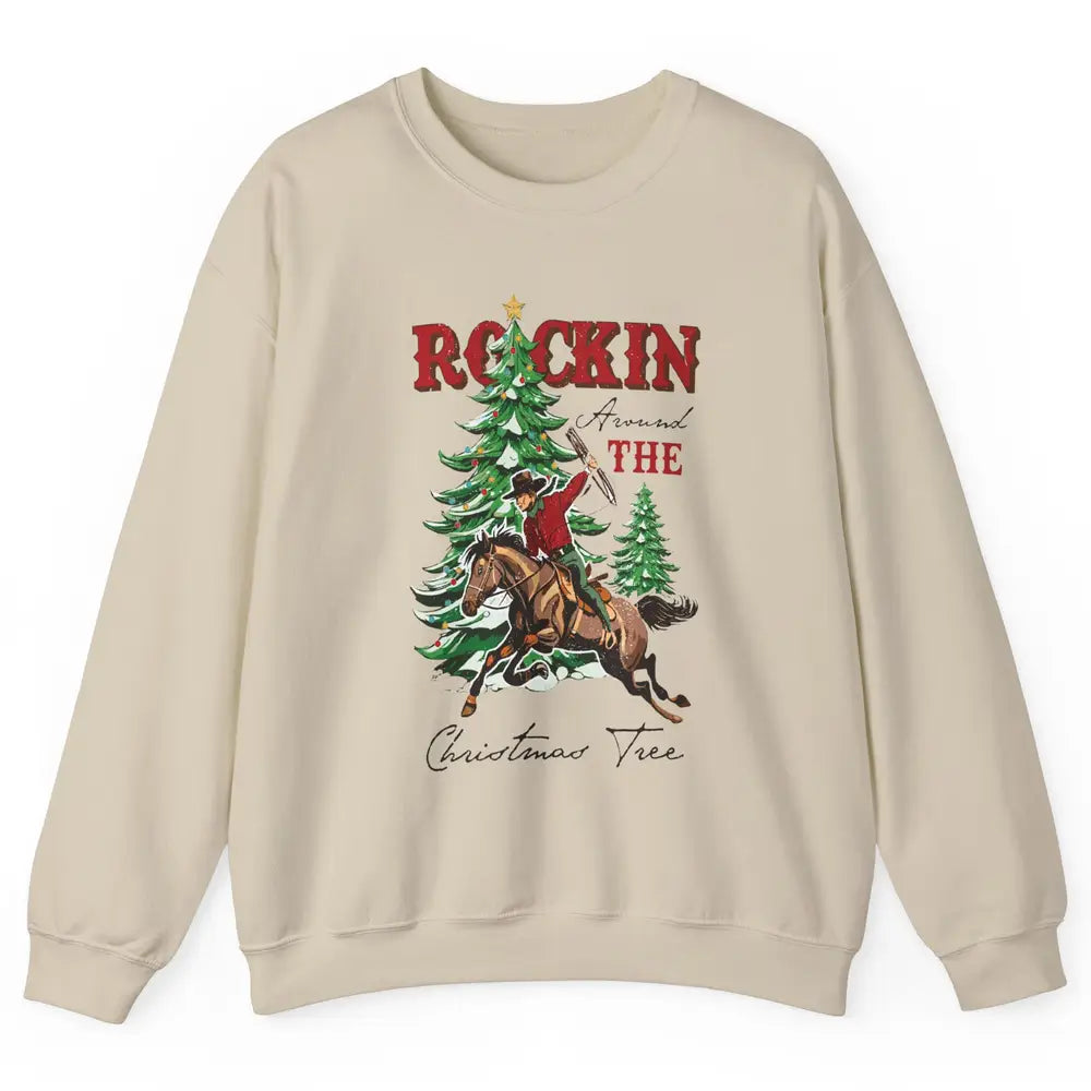 Retro Horsing Cowboy Rocking Around Christmas Tree Western Unisex Crewneck Sweatshirt