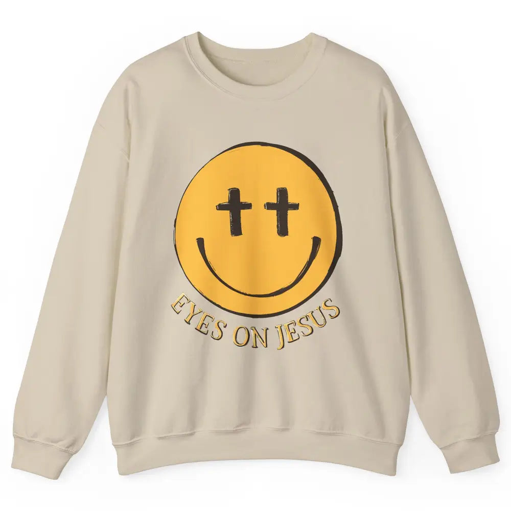 Retro Smiling Face Eyes On Jesus Christian Faith Religious Unisex Crewneck Sweatshirt