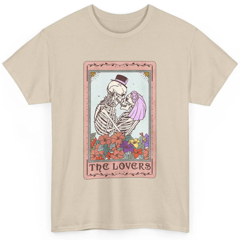 The Lovers Funny Skeleton Couple Tarot Card Vintage Valentine Astrology Goth Skull Lover Floral Heart Classic Unisex T-Shirt