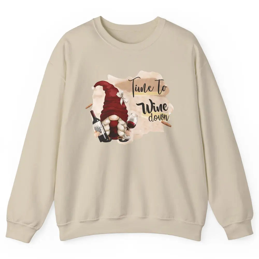 Christmas Gnome Wine It's Time to Wine Down Winter Holiday Unisex Crewneck Sweatshirt