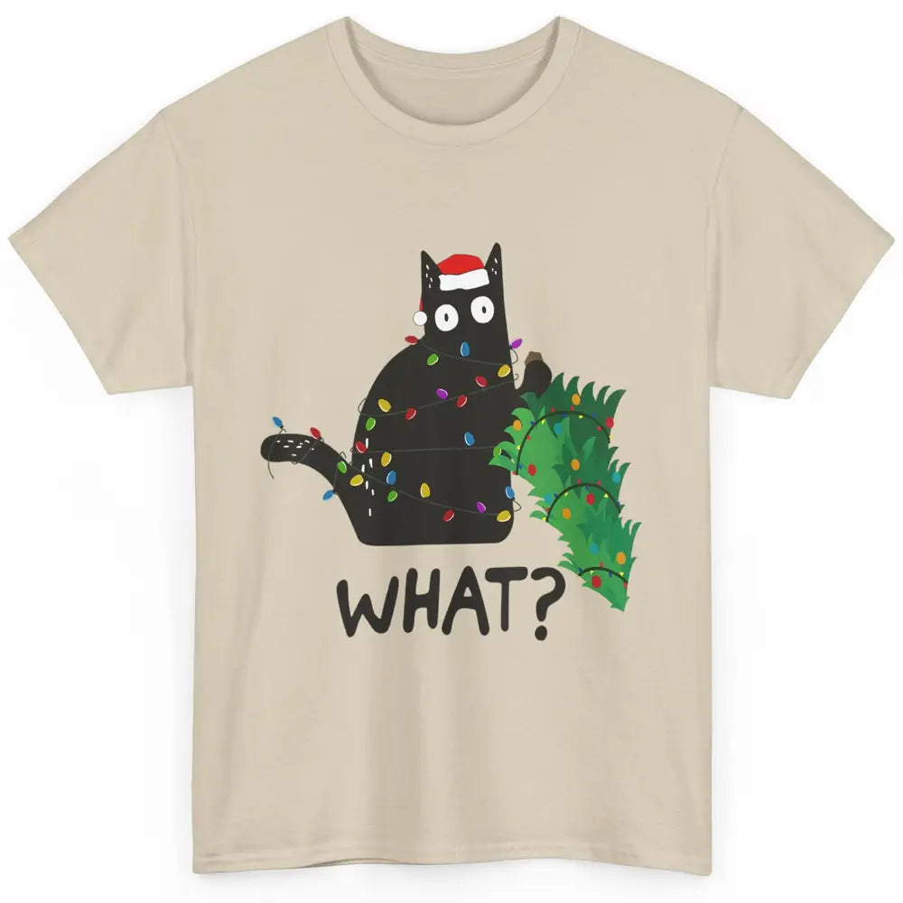 Black Cat Pushing Christmas Tree What Xmas Lights Santa Hat Classic Unisex T-Shirt