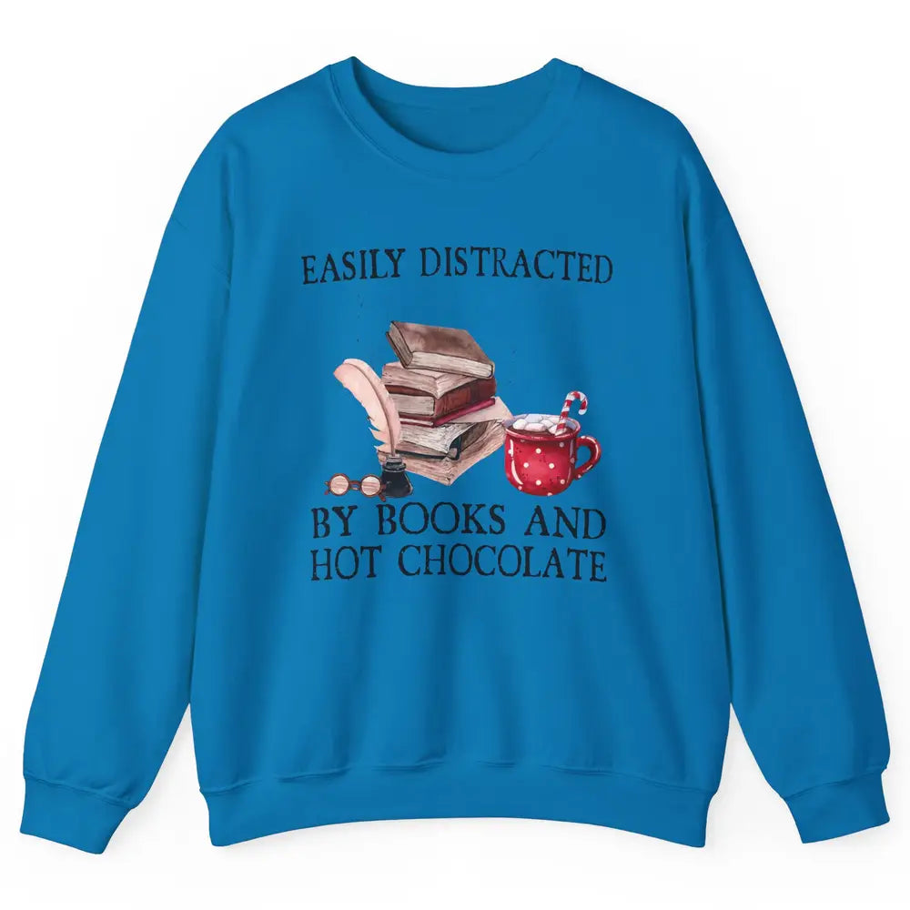 Retro Easily Distracted By Books And Hot Chocolate Christmas Unisex Crewneck Sweatshirt