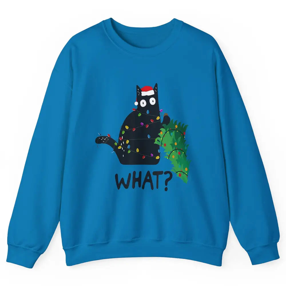 Black Cat Pushing Christmas Tree What Xmas Lights Santa Hat Unisex Crewneck Sweatshirt