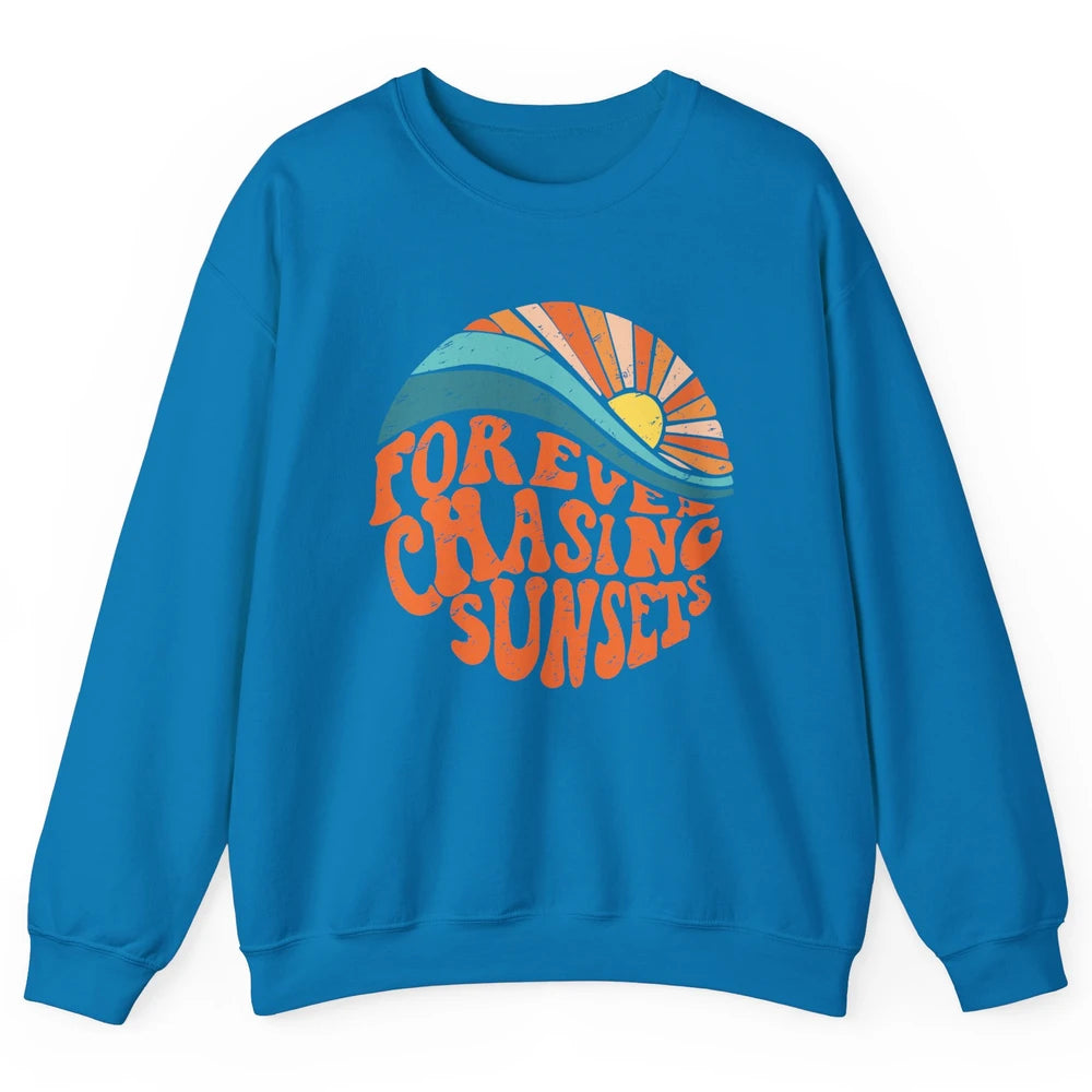 Retro Rainbow Forever Chasing Sunset Hippie Girl Peace Lover Unisex Crewneck Sweatshirt