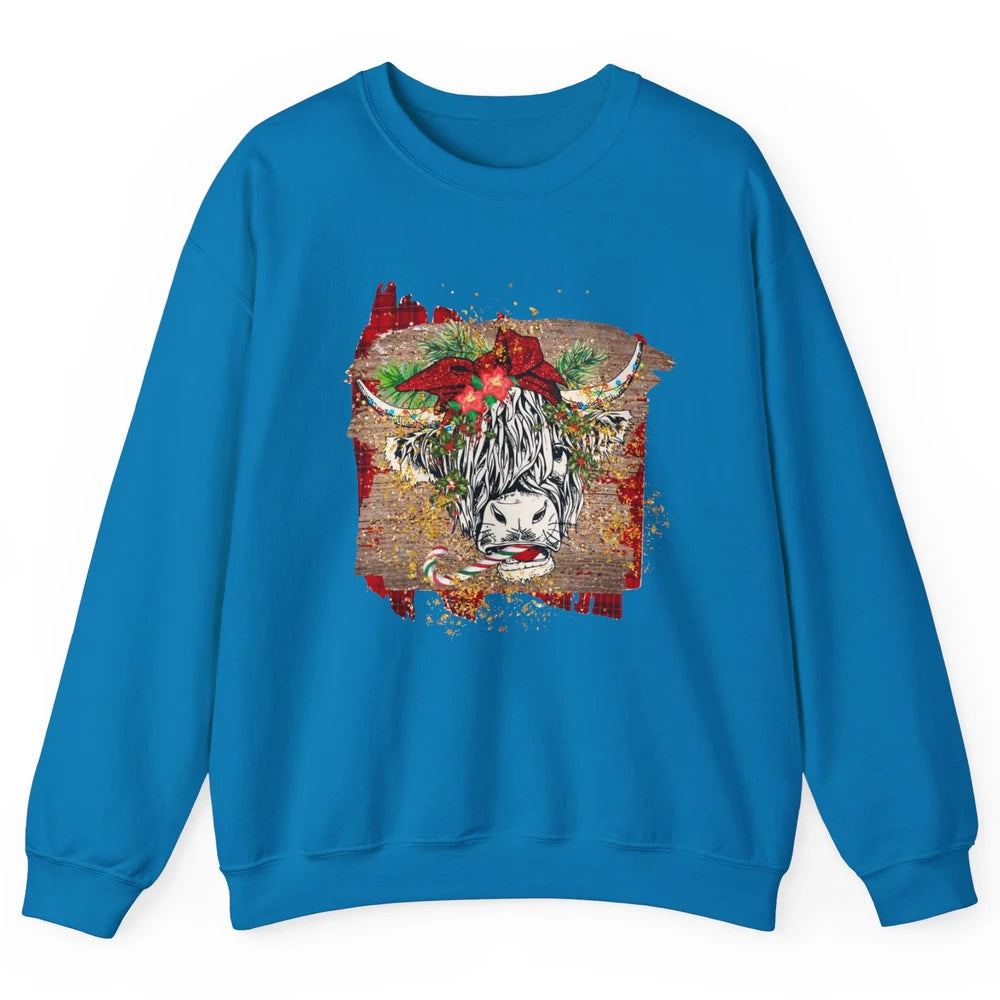 Christmas Highland Cow Bandana Western Christmas Cow Plaid Unisex Crewneck Sweatshirt