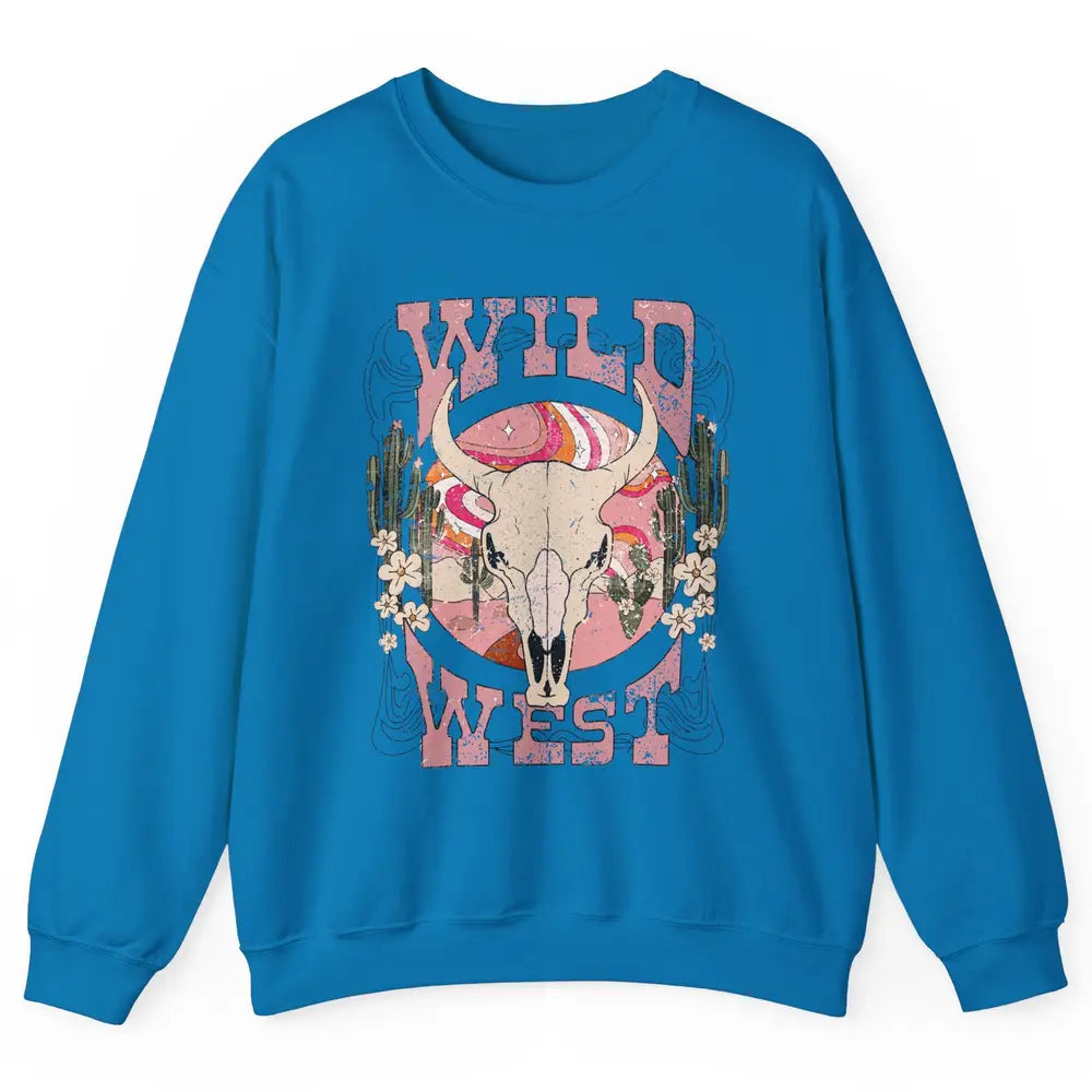 Retro Rainbow Desert Bull Skull Wild West Western Country Unisex Crewneck Sweatshirt