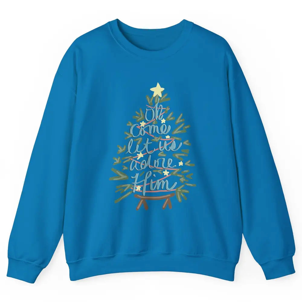 Retro Christmas Tree Oh Come Let Us Adore Him Groovy Xmas Unisex Crewneck Sweatshirt