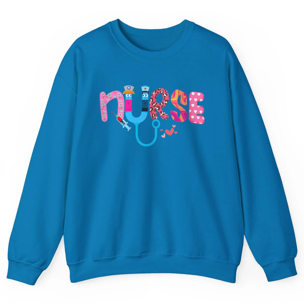 Nurse Happy Valentine's Day Love ER ICU NICU Emergency Nursing Leopard Stethoscope Love Needles Unisex Crewneck Sweatshirt