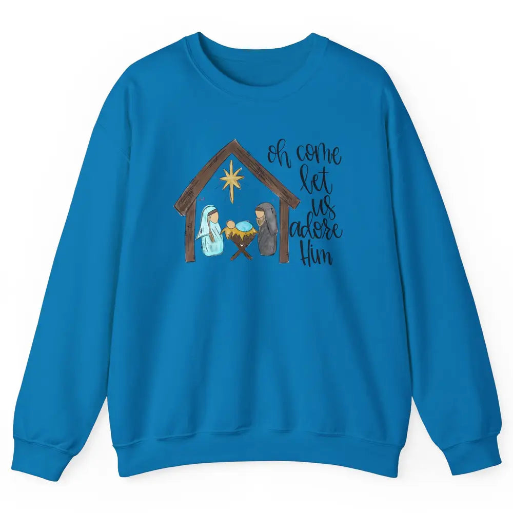 Retro Christmas Church Oh Come Let Us Adore Him Hand Drawing Unisex Crewneck Sweatshirt