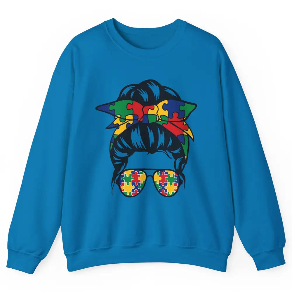 Autism Mom With Bandana Puzzle Autism Ribbon Support Autism Unisex Crewneck Sweatshirt