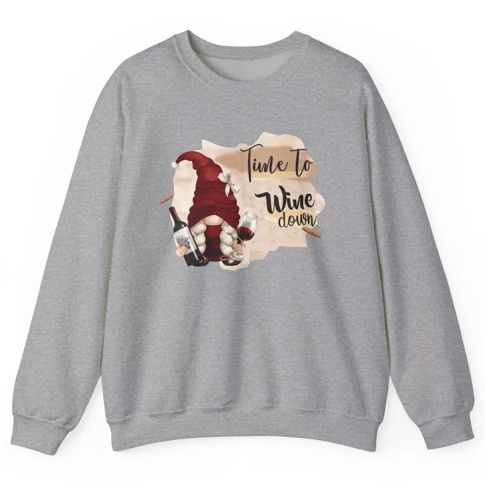 Christmas Gnome Wine It's Time to Wine Down Winter Holiday Unisex Crewneck Sweatshirt