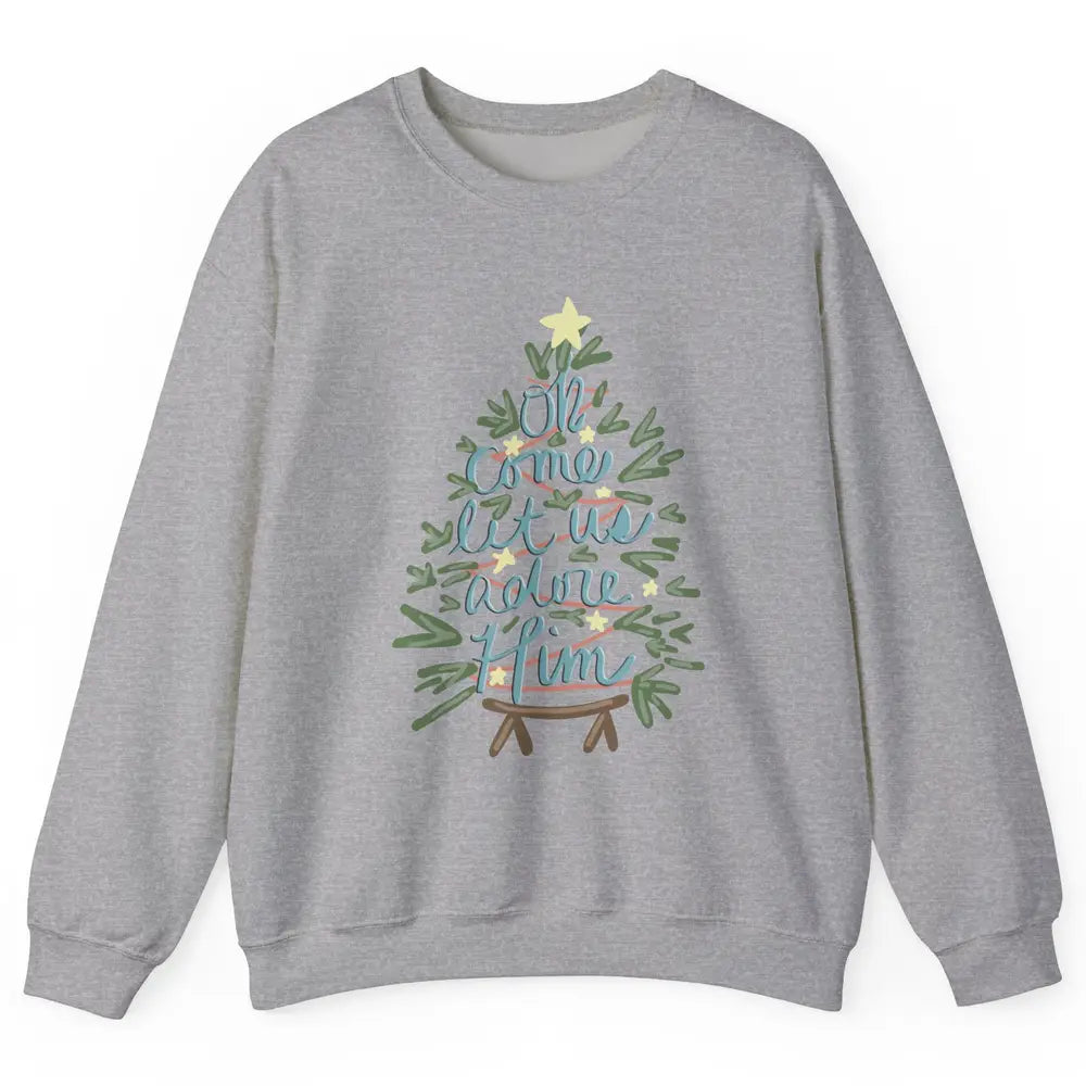 Retro Christmas Tree Oh Come Let Us Adore Him Groovy Xmas Unisex Crewneck Sweatshirt