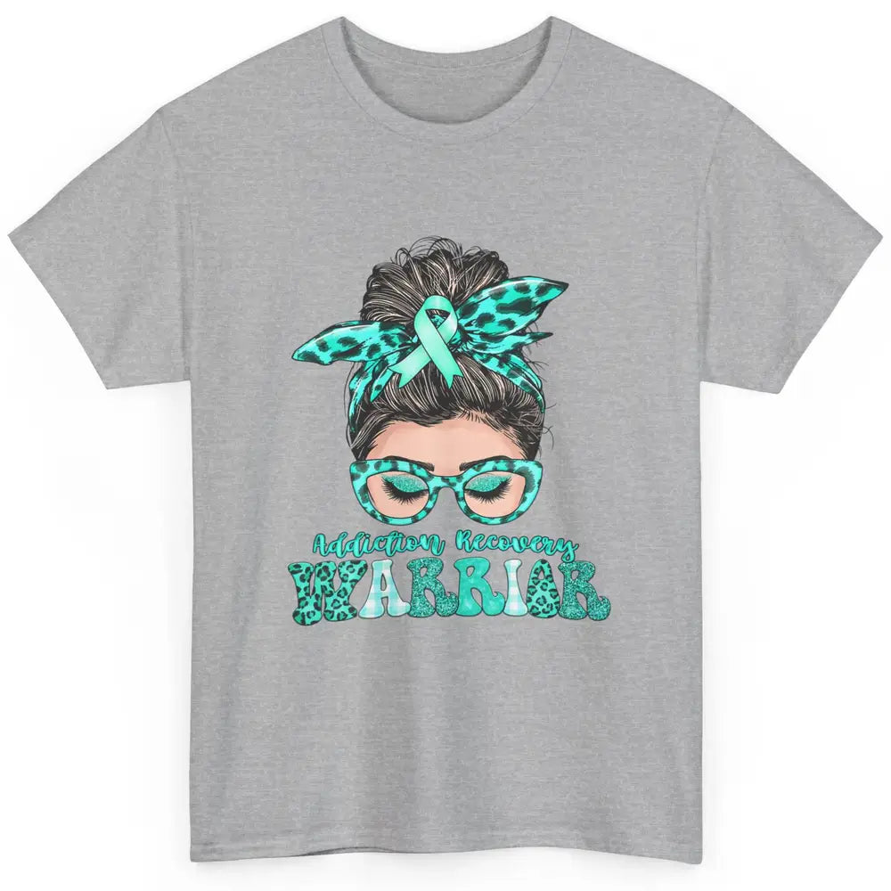 Addiction Recovery Awareness Warrior Leopard Messy Hair Bun Classic Unisex T-Shirt