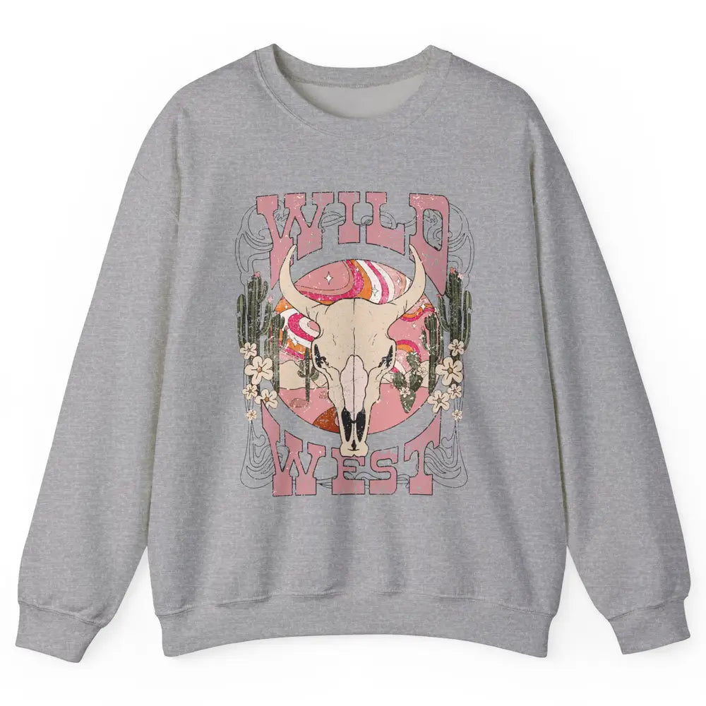 Retro Rainbow Desert Bull Skull Wild West Western Country Unisex Crewneck Sweatshirt