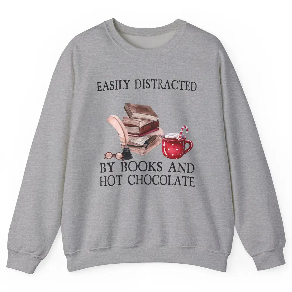 Retro Easily Distracted By Books And Hot Chocolate Christmas Unisex Crewneck Sweatshirt