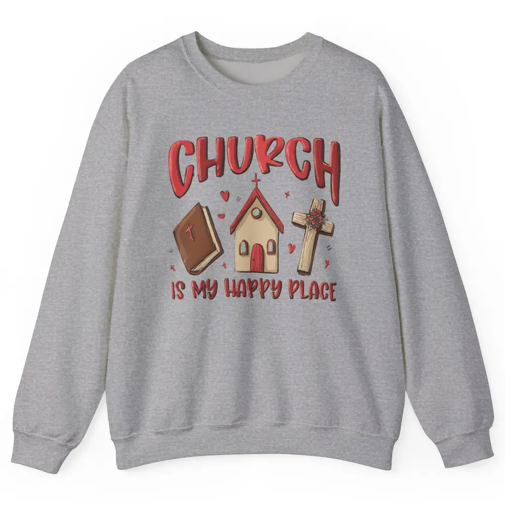 Retro Christmas Church Is My Happy Place Christian Hand Draw Unisex Crewneck Sweatshirt