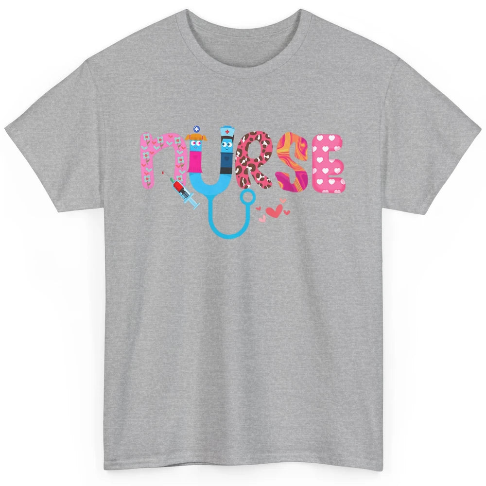 Nurse Happy Valentine's Day Love ER ICU NICU Emergency Nursing Leopard Stethoscope Love Needles Classic Unisex T-Shirt